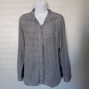 Loft Women's Small Long Sleeve Button Up Shirt White Grey Blue Stripes Blouse